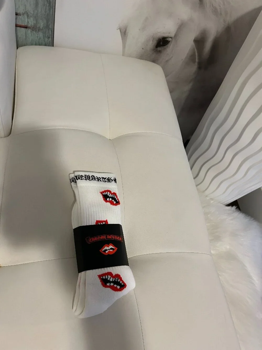 Chrome Hearts White Crew Socks with Red Lip Motif